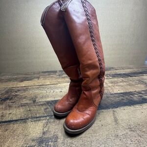 Frye Tall Riding Boots Braided Leather Details Size 6.5‎ B